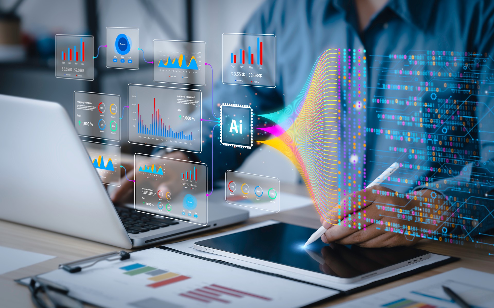 Ciência da análise de dados e big data com tecnologia de IA. Analista ou Cientista usa um computador e um painel para análise de informações sobre conjuntos de dados complexos no computador. Engenheiro de desenvolvimento de insights